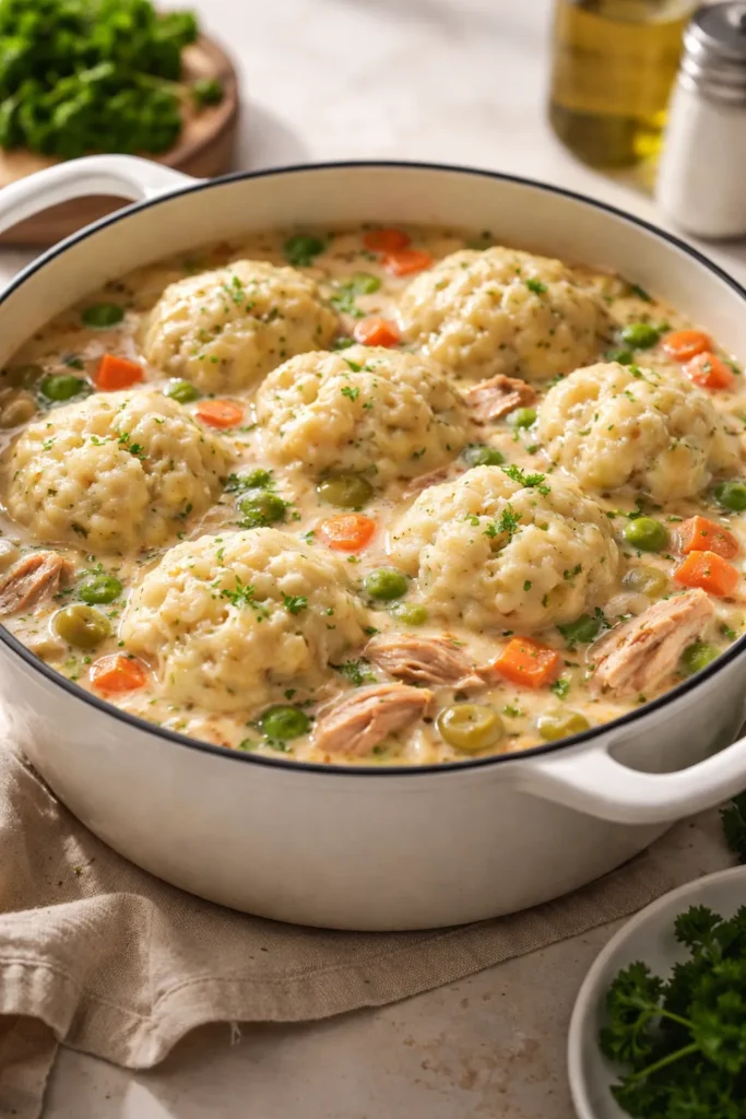 Creamy chicken and dumplings in a white bowl with visible dumplings and chicken pieces