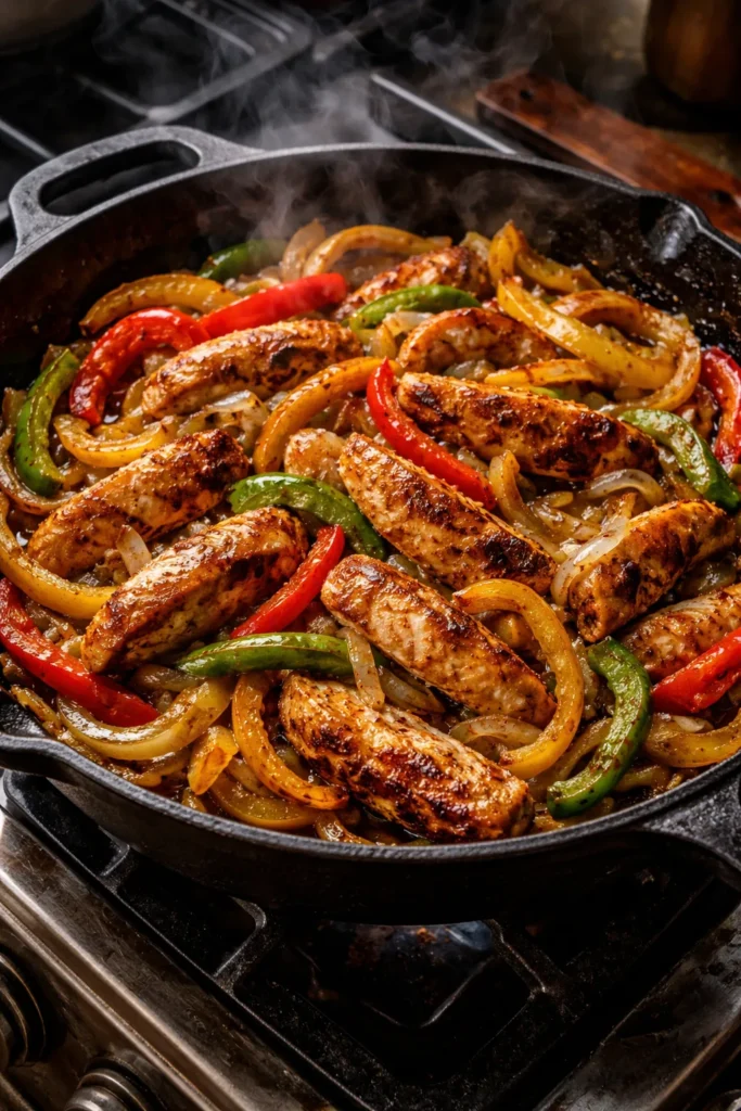 Chicken fajitas sizzling in a cast iron skillet with peppers