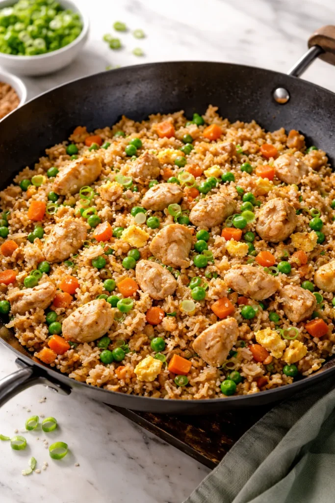 Chicken fried rice in a wok with peas, carrots, and eggs