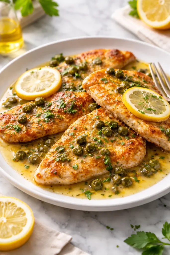 Golden chicken piccata cutlets in a lemon-butter sauce with capers