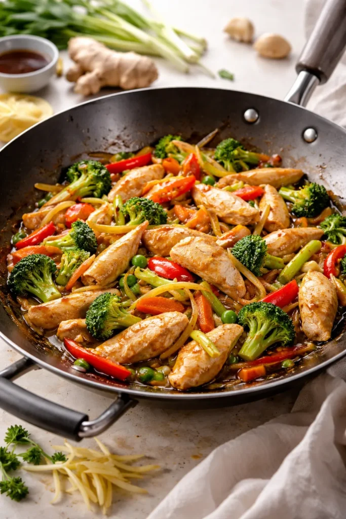 Chicken stir-fry with fresh ginger and vegetables in glossy sauce.