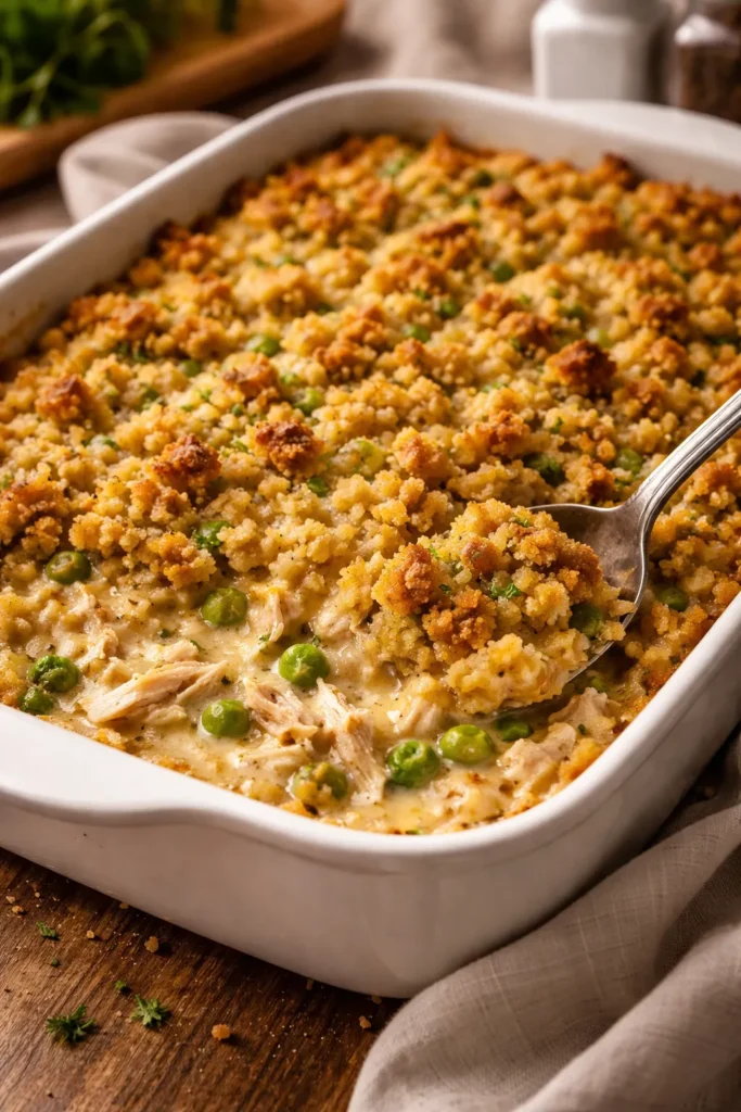 Creamy chicken and stuffing casserole in a baking dish