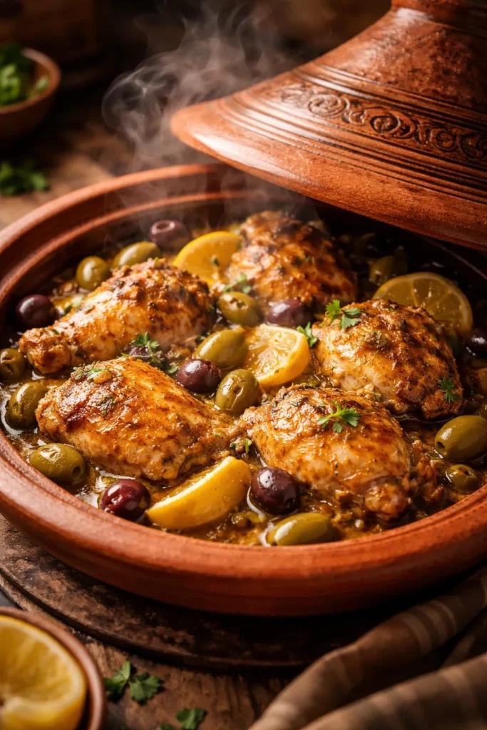Chicken tagine with olives and preserved lemon in a clay tagine