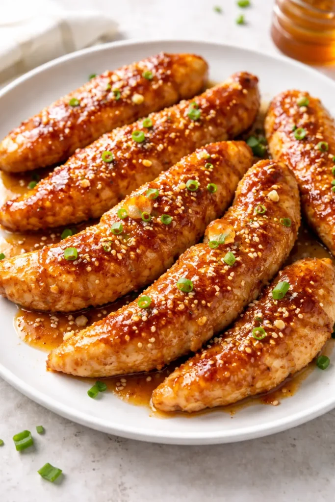Chicken tenders with light crust and honey garlic glaze on a plate