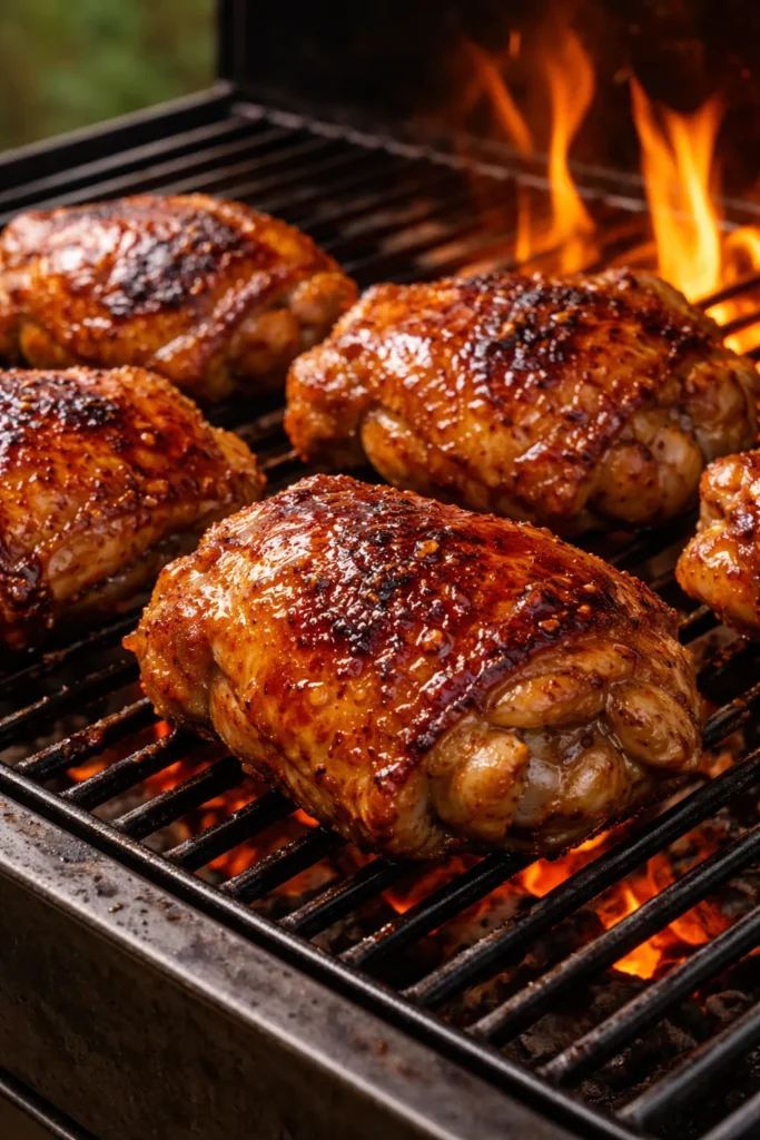 Chicken thighs with hot honey glaze on a two-zone grill