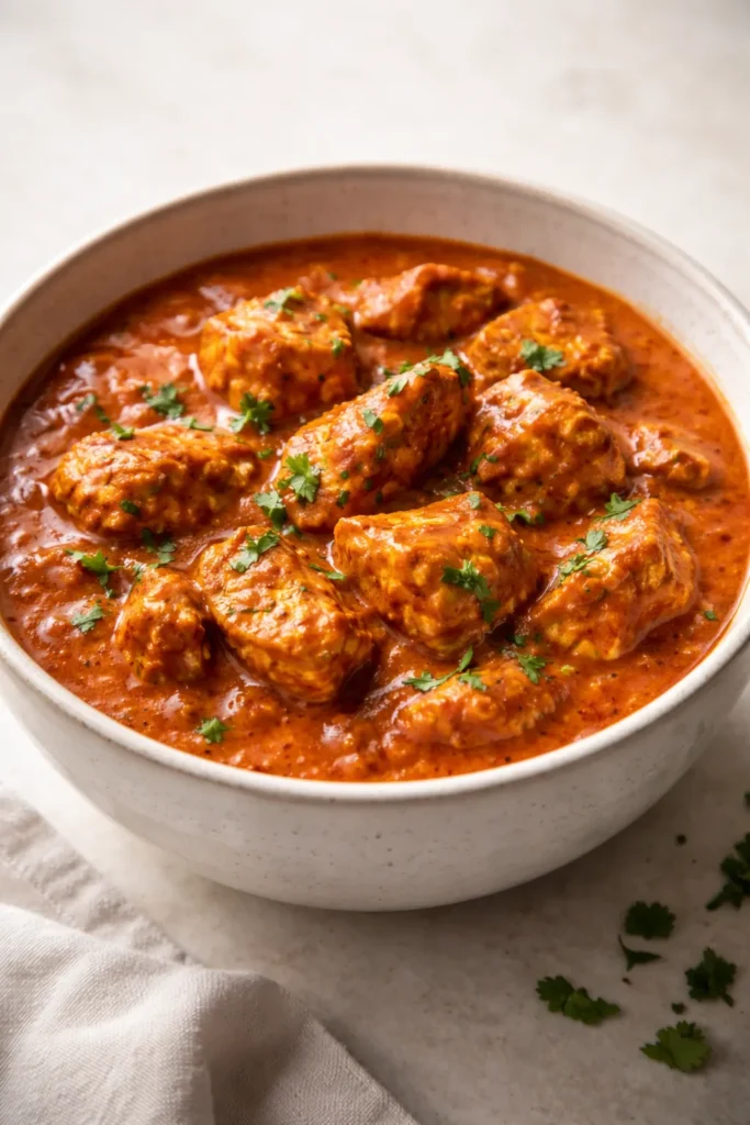 Close-up bowl of pressure cooker chicken tikka masala with creamy orange-red sauce