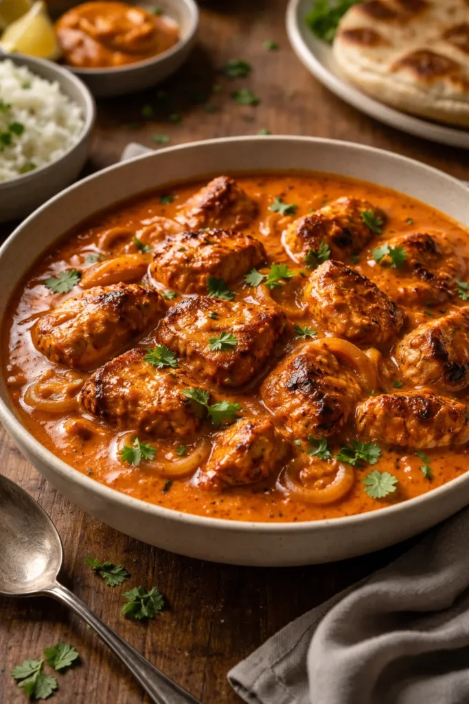 Chicken tikka masala in creamy tomato sauce over a plate