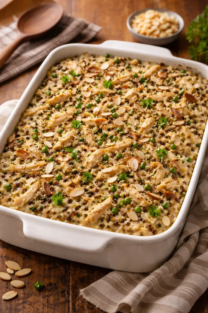 Creamy chicken and wild rice casserole with almonds and peas