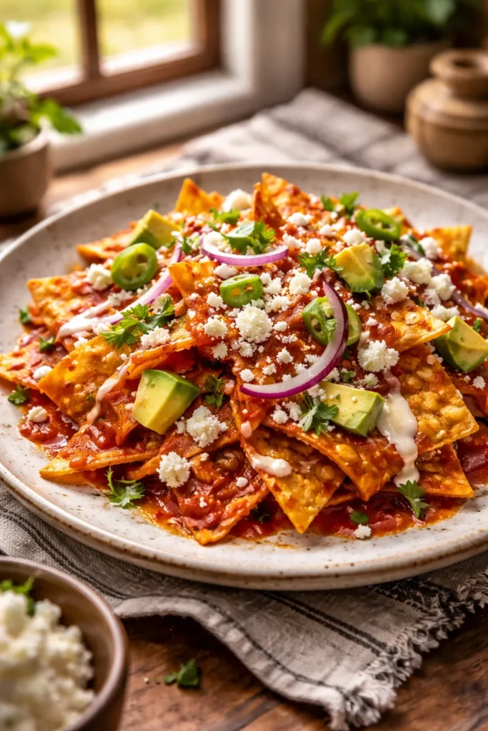 Close-up of chilaquiles with red salsa, cheese, and crema on a plate