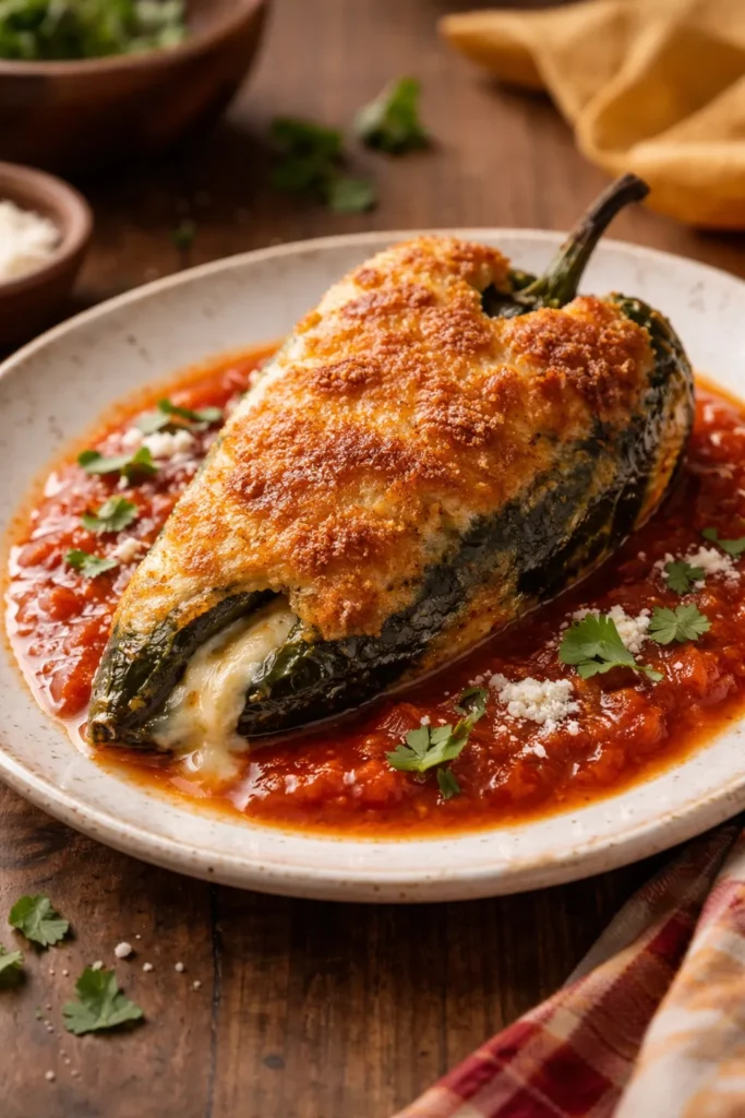Chiles rellenos fried to golden crisp on plate.