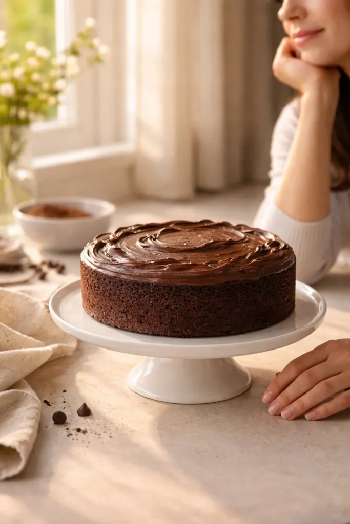 Chocolate cake on a white stand with a resting hand in warm kitchen light