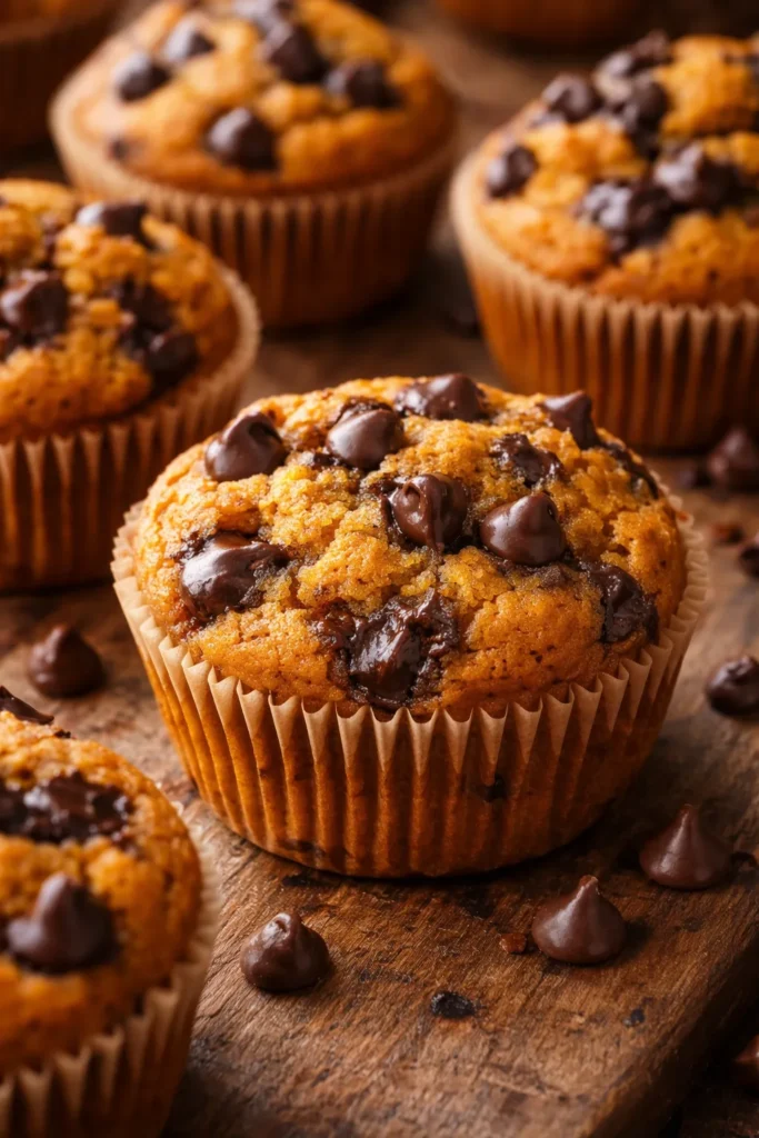 Close up of pumpkin muffins filled with melty semi-sweet chocolate chips