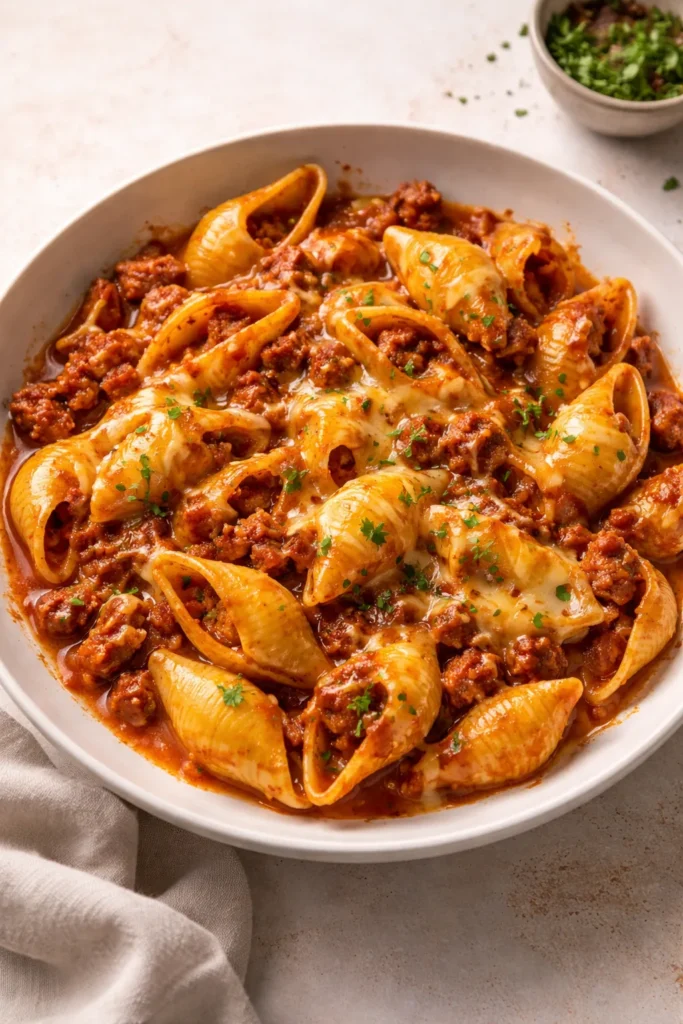 Cheesy chorizo pasta with cheddar on top