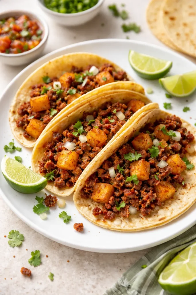 Close-up of chorizo and potato tacos on a white plate