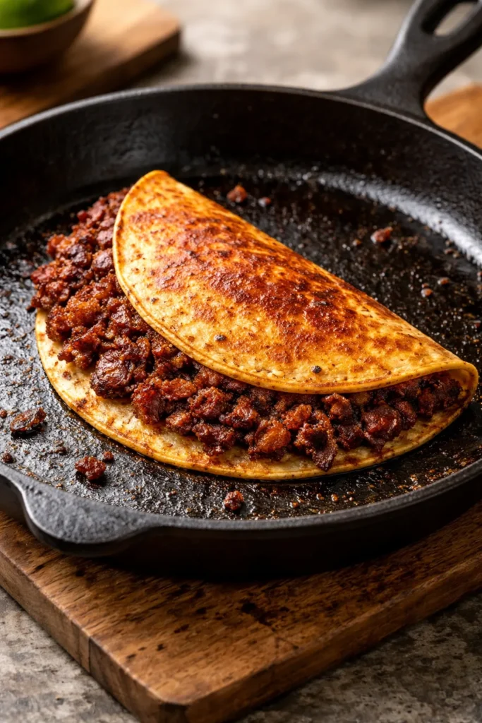 Chorizo smash taco showing fused tortilla and patty in cast-iron skillet