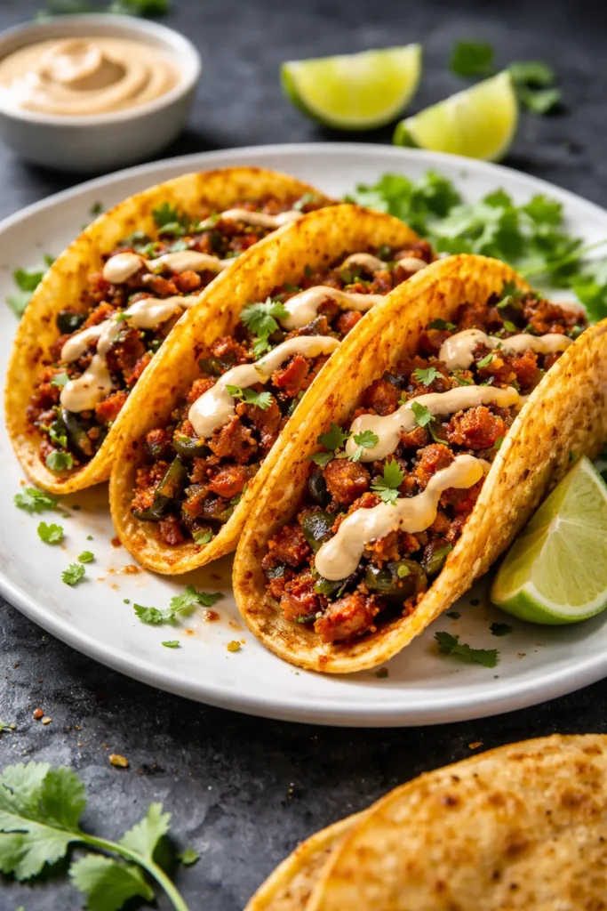 Crispy chorizo tacos with poblano and chipotle mayo on a white plate