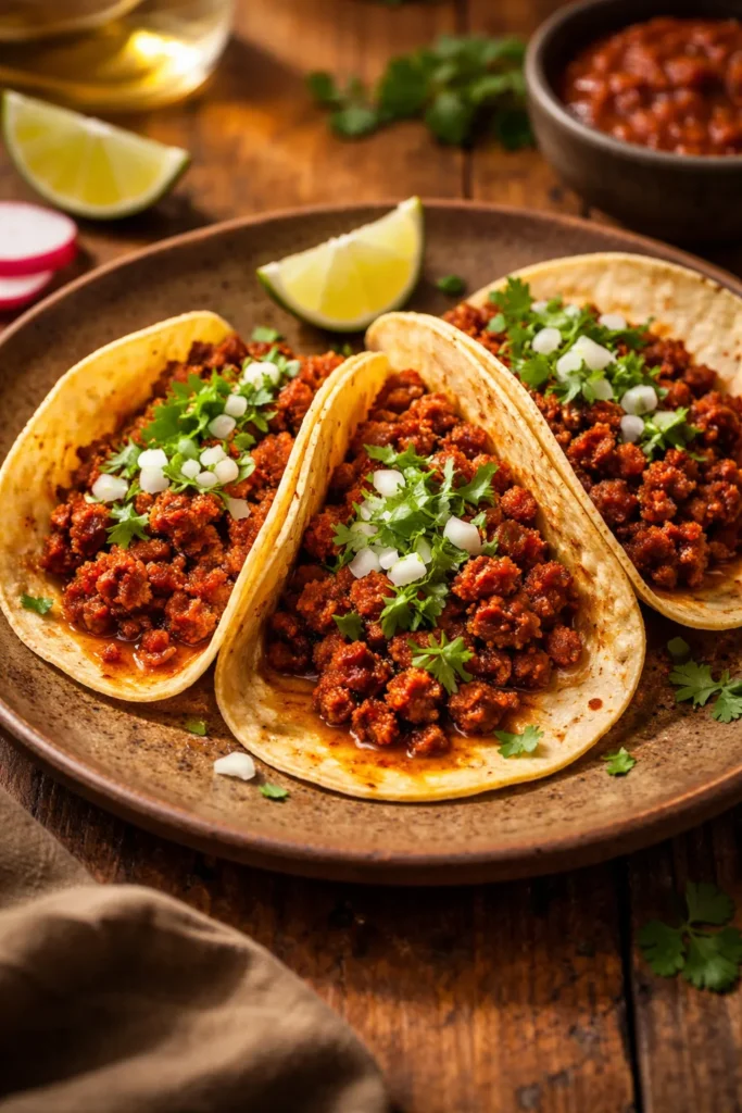 Close-up of classic chorizo street tacos on rustic plate with onion and cilantro