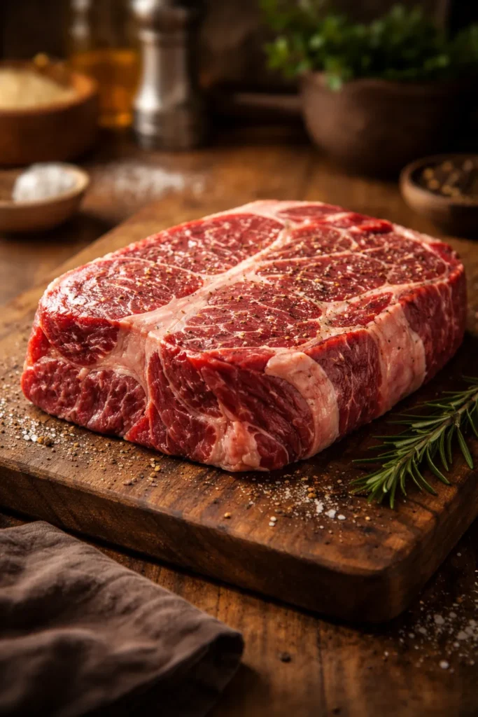Close-up of a marbled chuck roast on a wooden board