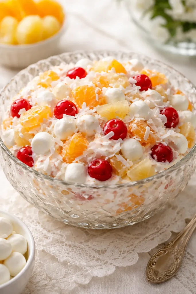 Traditional creamy ambrosia salad with oranges, cherries, and marshmallows in a glass bowl