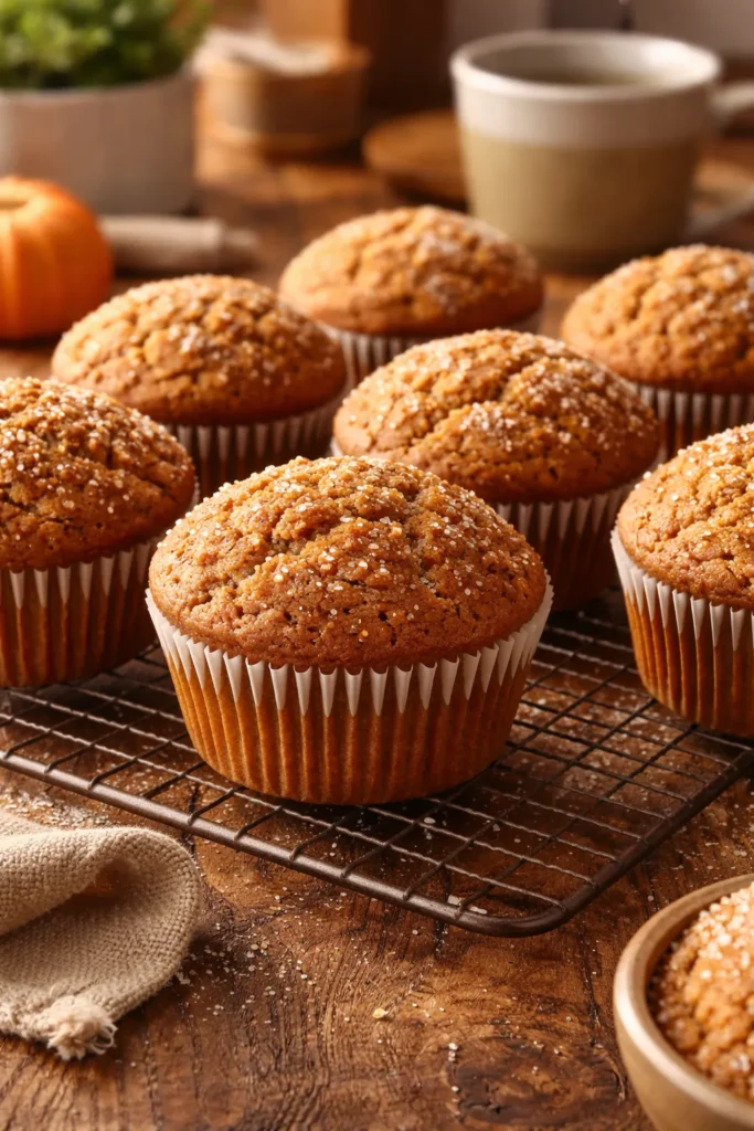 Freshly baked classic pumpkin muffins with high domed tops on a rustic cooling rack