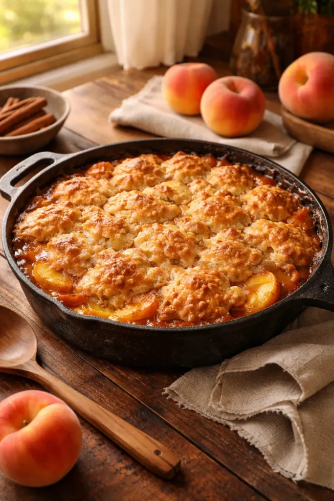Golden peach cobbler in a cast-iron skillet with bubbling topping