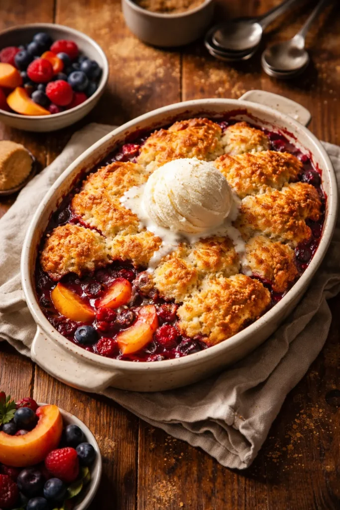 Warm cobbler with vanilla ice cream served on rustic table.