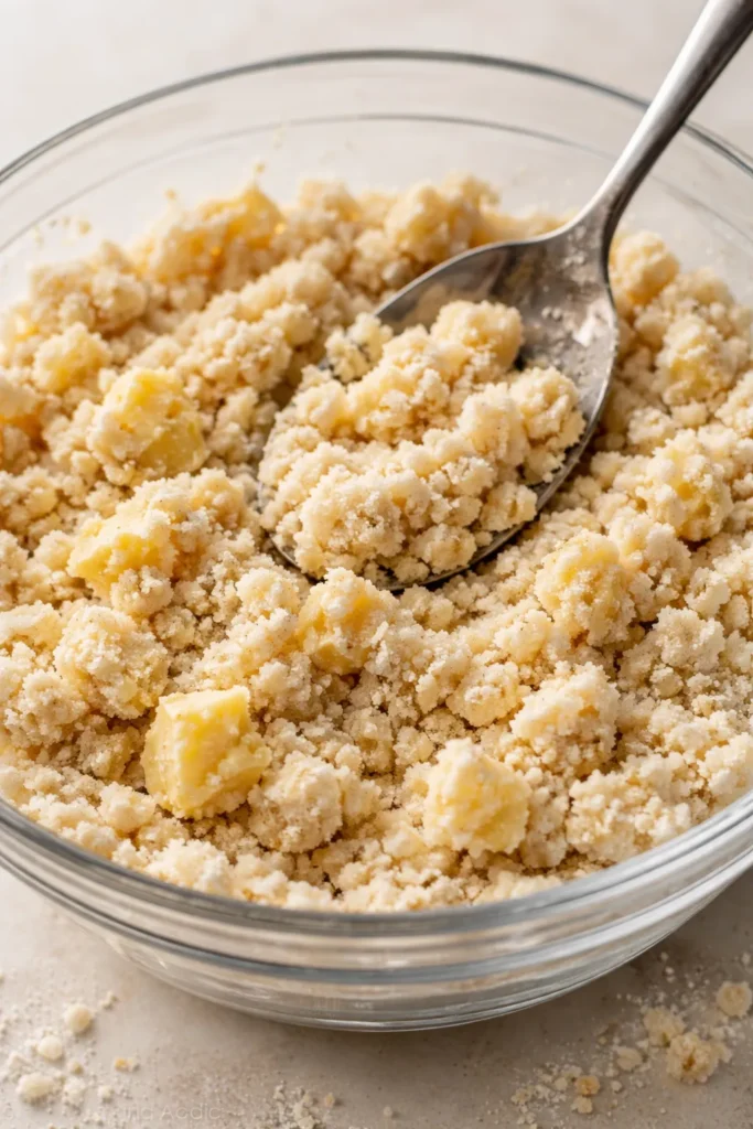 Imperfect cobbler topping with uneven lumps in a bowl.
