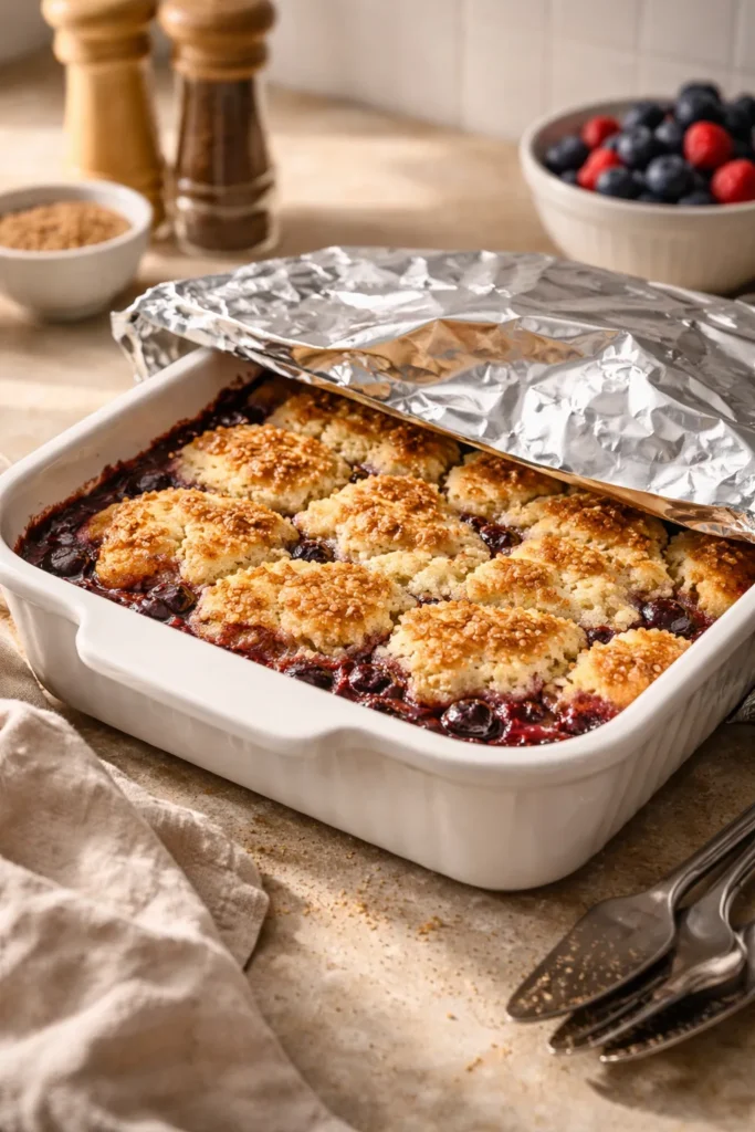 Cobblers in a baking dish with foil cover for storage and reheating.