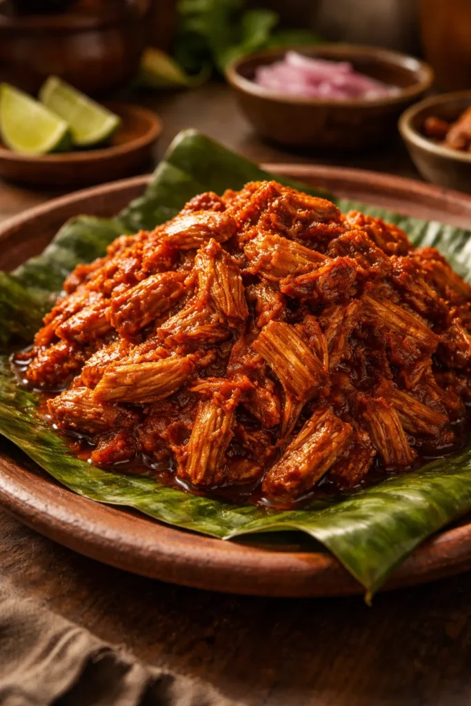Brick-red cochinita pibil pork served on a banana leaf