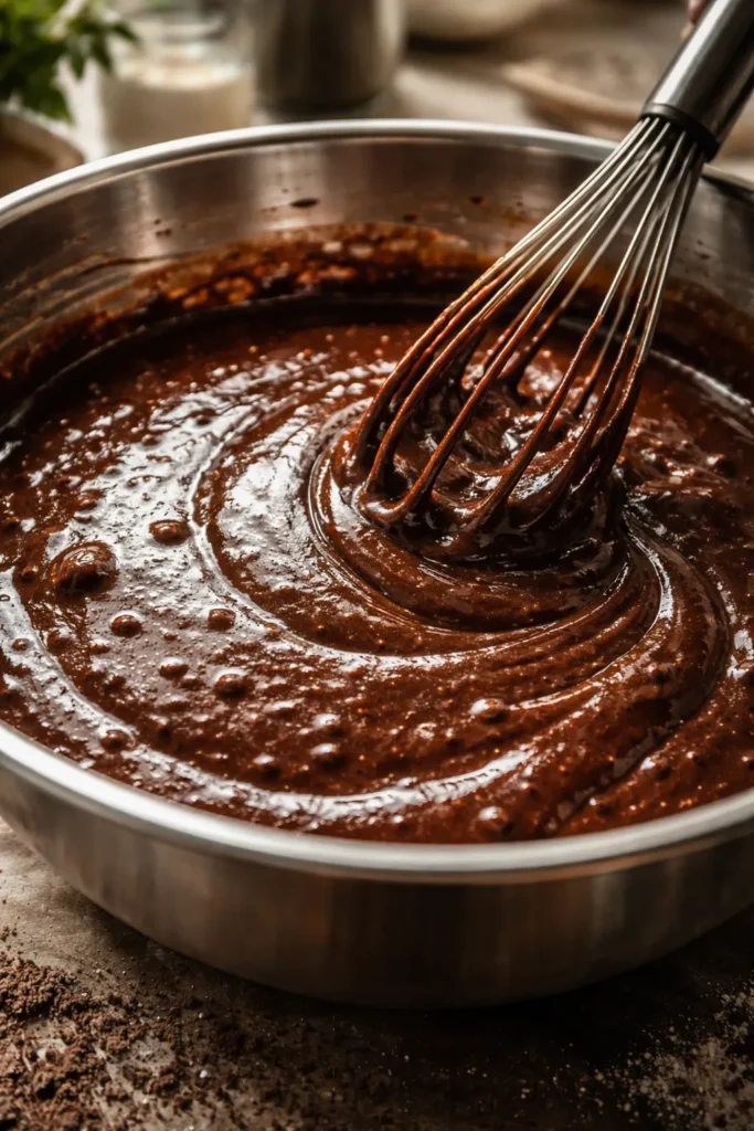 Batter close-up showing bubbles and cocoa bloom