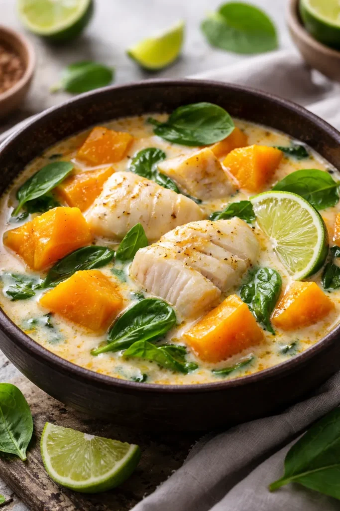 Bowl of creamy coconut fish stew with chunks of pumpkin and fresh spinach leaves