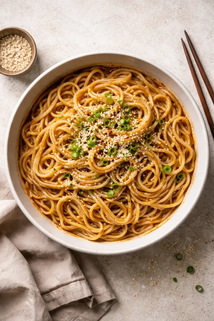 Bowl of cold sesame noodles coated in sesame sauce