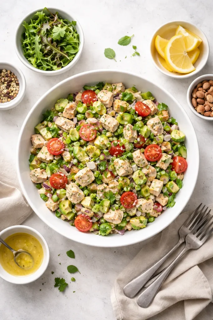 Minimal chicken salad bowl in bright studio setup