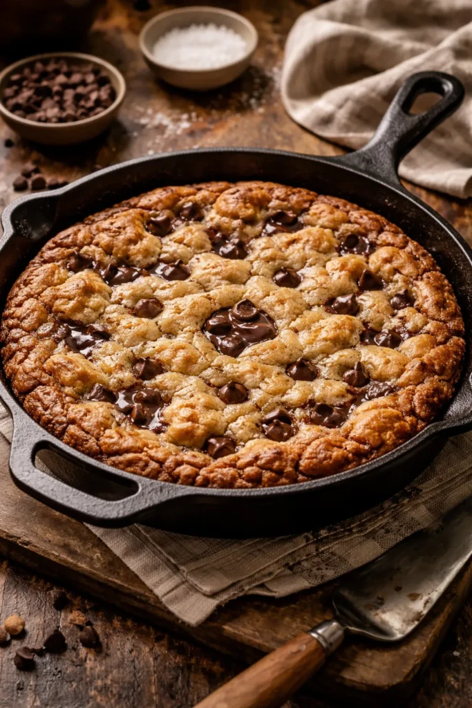 Large skillet chocolate chip cookie with crispy edges