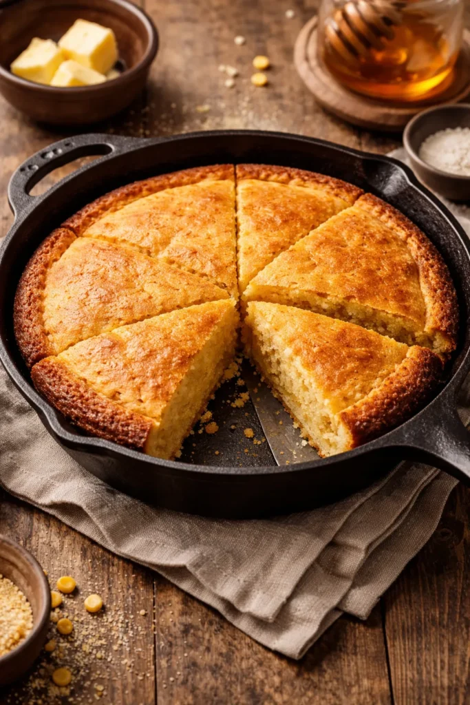 Golden cornbread in a preheated cast iron skillet with crisp edges