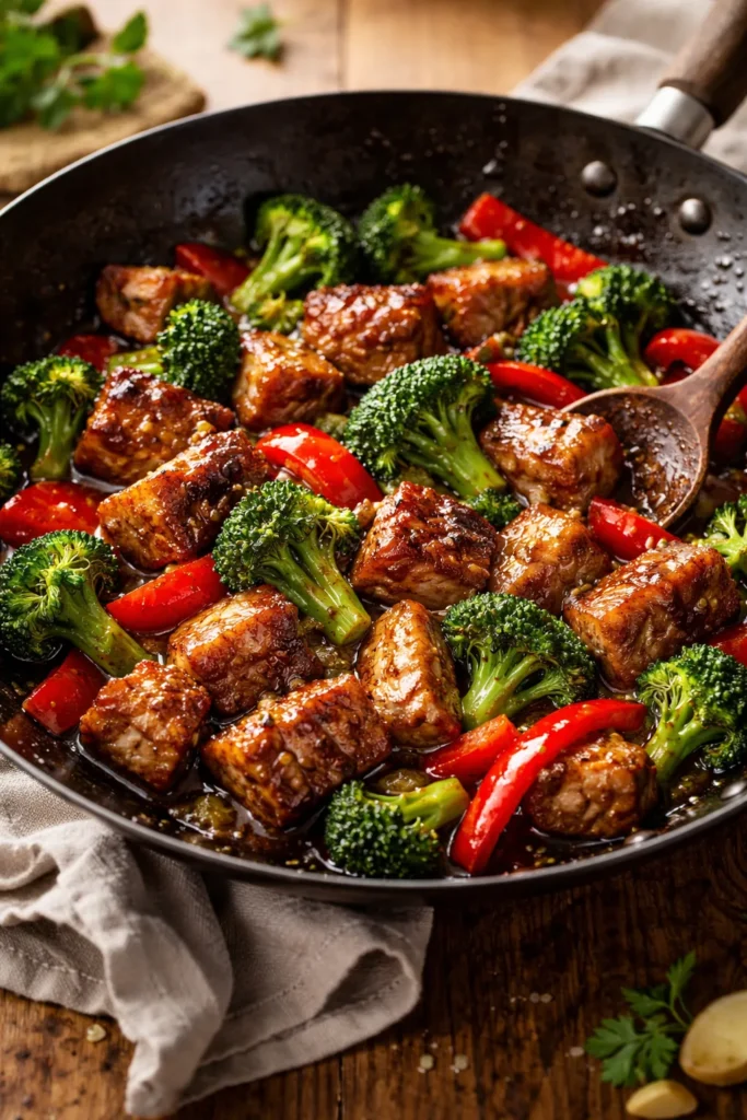 Country-style pork rib stir fry with broccoli and red pepper in a glossy sauce