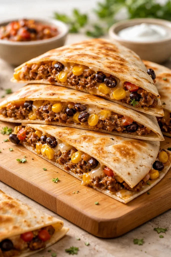 Quesadilla triangles with beef, corn, beans and cheese on a wooden board