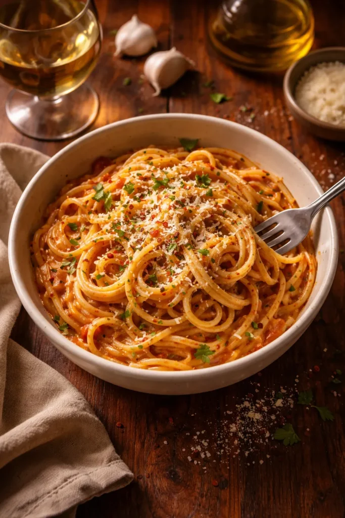 Close-up of a single bowl of saucy pasta with clingy sauce in warm light
