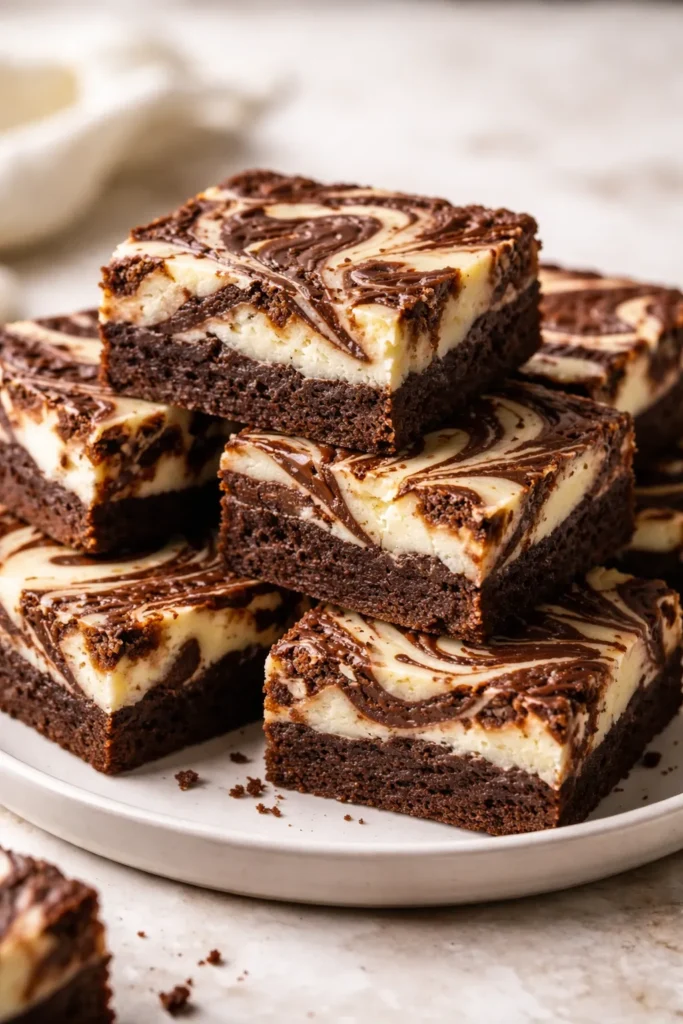 Fudgy brownies with cream cheese swirl on a plate