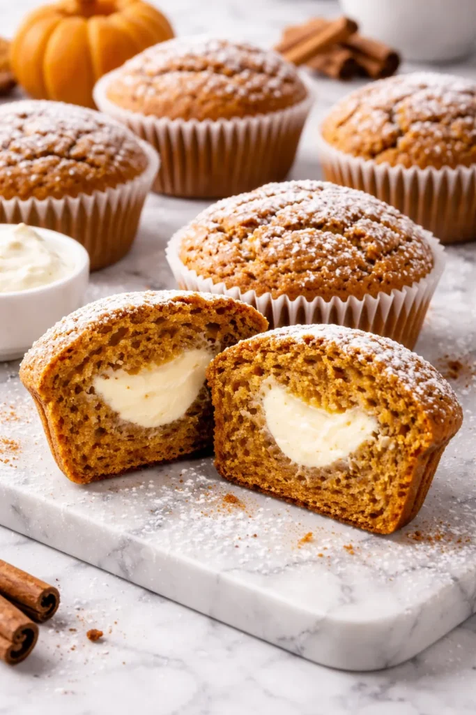 Sliced pumpkin muffin revealing a creamy white cream cheese filling inside