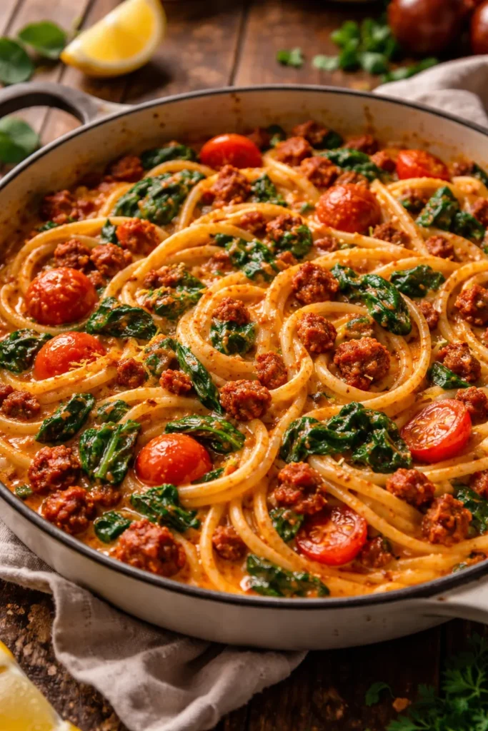 Close-up of creamy chorizo spinach pasta on a plate with chorizo and spinach