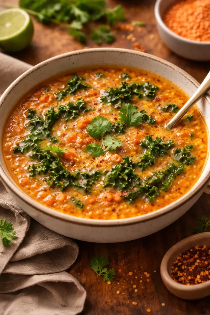 Creamy coconut red lentil kale soup in a bowl with kale, warm kitchen lighting