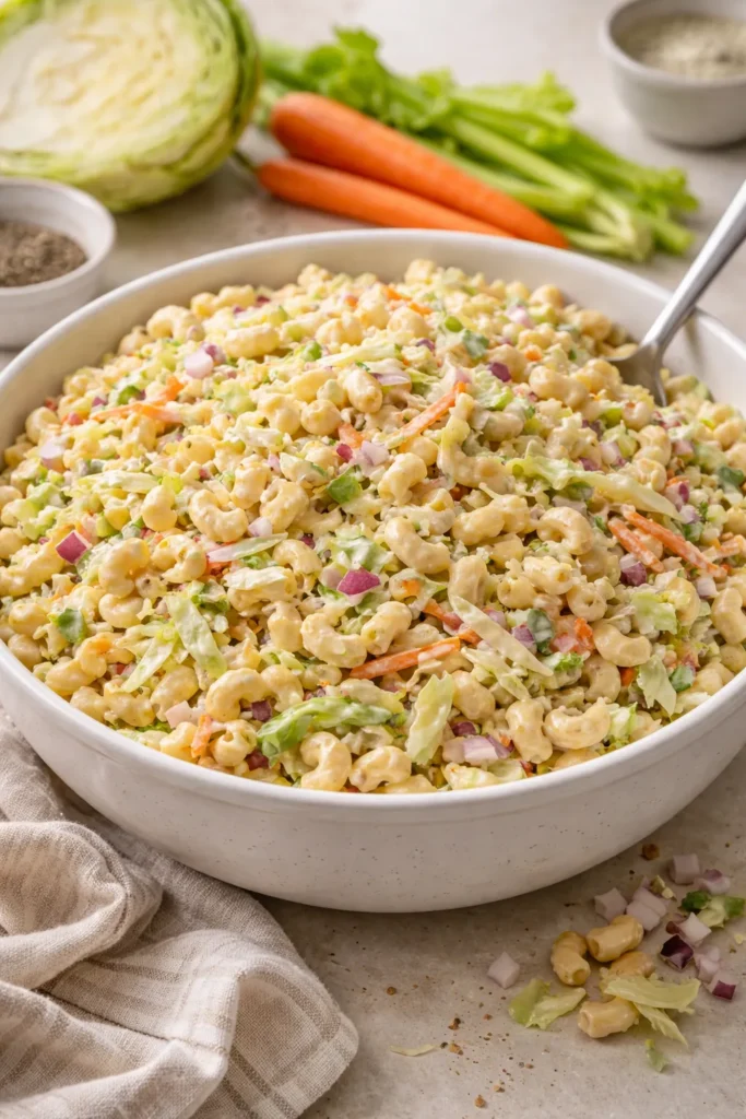 Creamy macaroni salad with shredded cabbage and carrots in a bowl