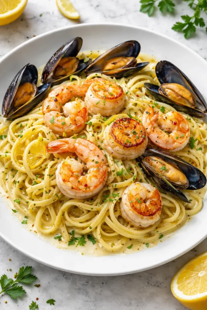 Linguine in lemon cream with shrimp, scallops, and mussels on plate