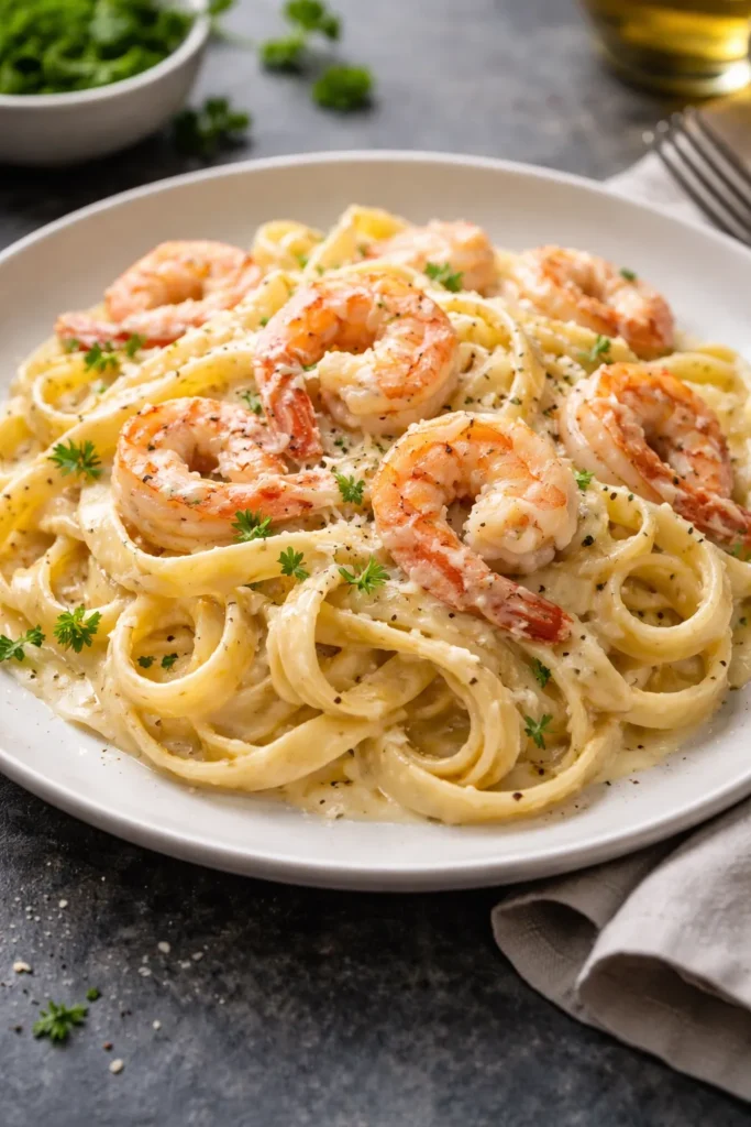 Creamy shrimp pasta in a silky sauce with shrimp and parmesan