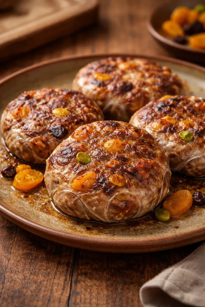 Pork crepinettes with dried apricot on plate.