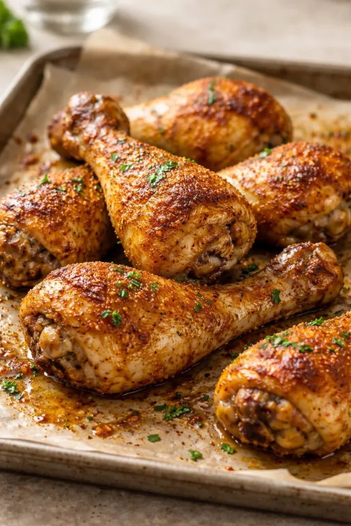 Close-up of crispy baked drumsticks with golden skin on parchment