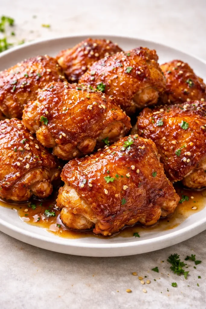 Crispy chicken thighs with honey garlic glaze on a plate