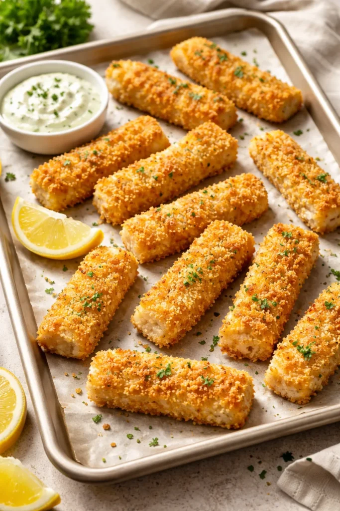 Gold-crusted homemade fish sticks on a parchment-lined baking sheet