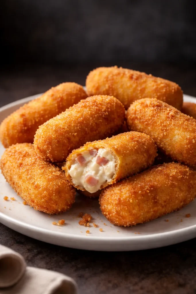 Golden ham croquettes on a plate with crisp breadcrumb shell